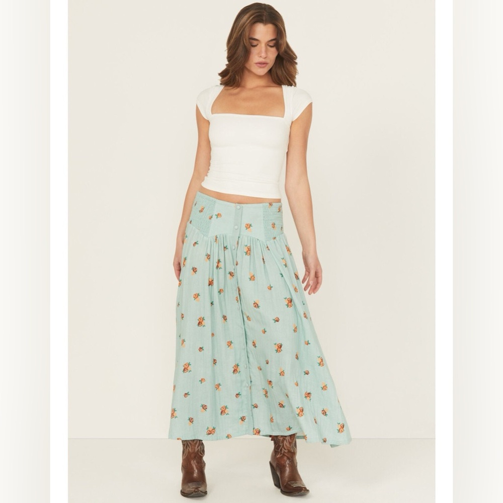 Rock & Roll Denim Melody Floral Midi Skirt Button Front Western Boho Cotton L